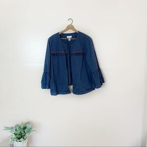 [LOFT] Blue Fringe Embroidered Detail Wide Bell Sleeve Jacket